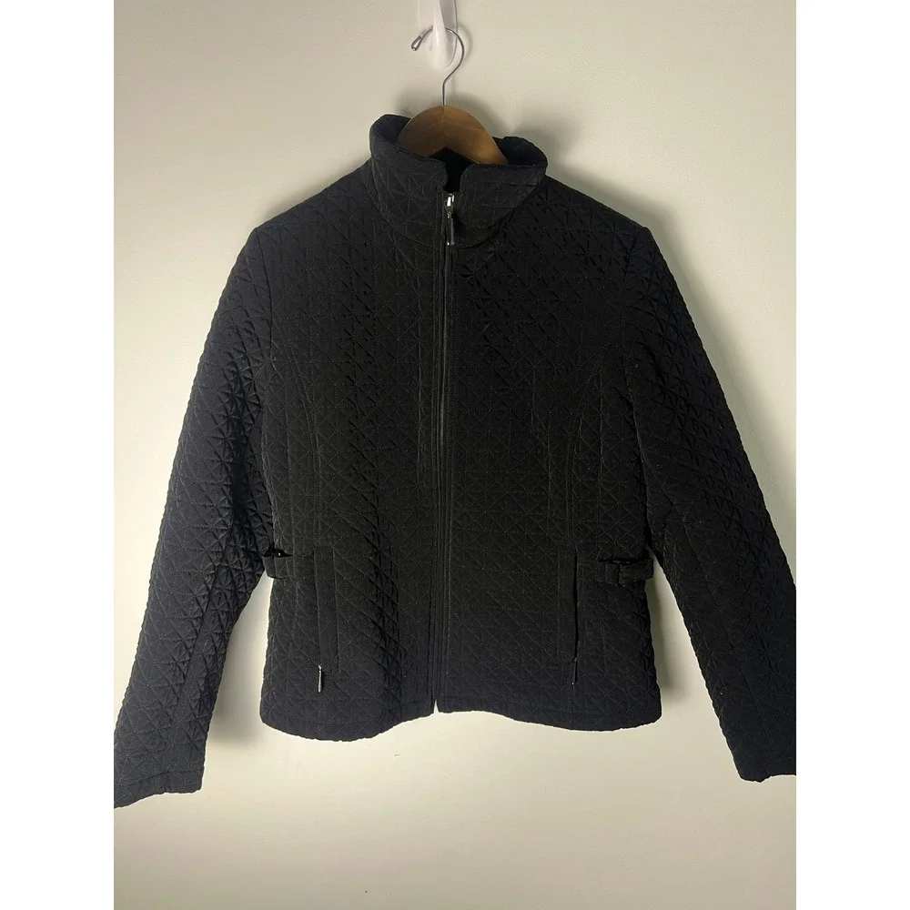 Gallery Quilted Jacket Wm M Black Full Zip Mock Neck Lightweight Coat Minimal